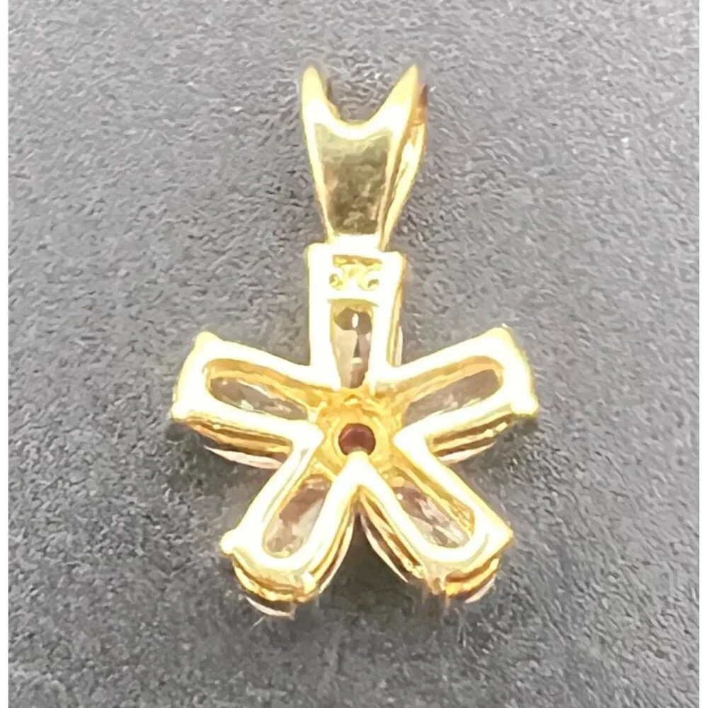 Gold Flower Pendant Necklace Clear CZ Petals Faux Ruby 17" Chain Marked JC & CCI - Picture 3 of 10